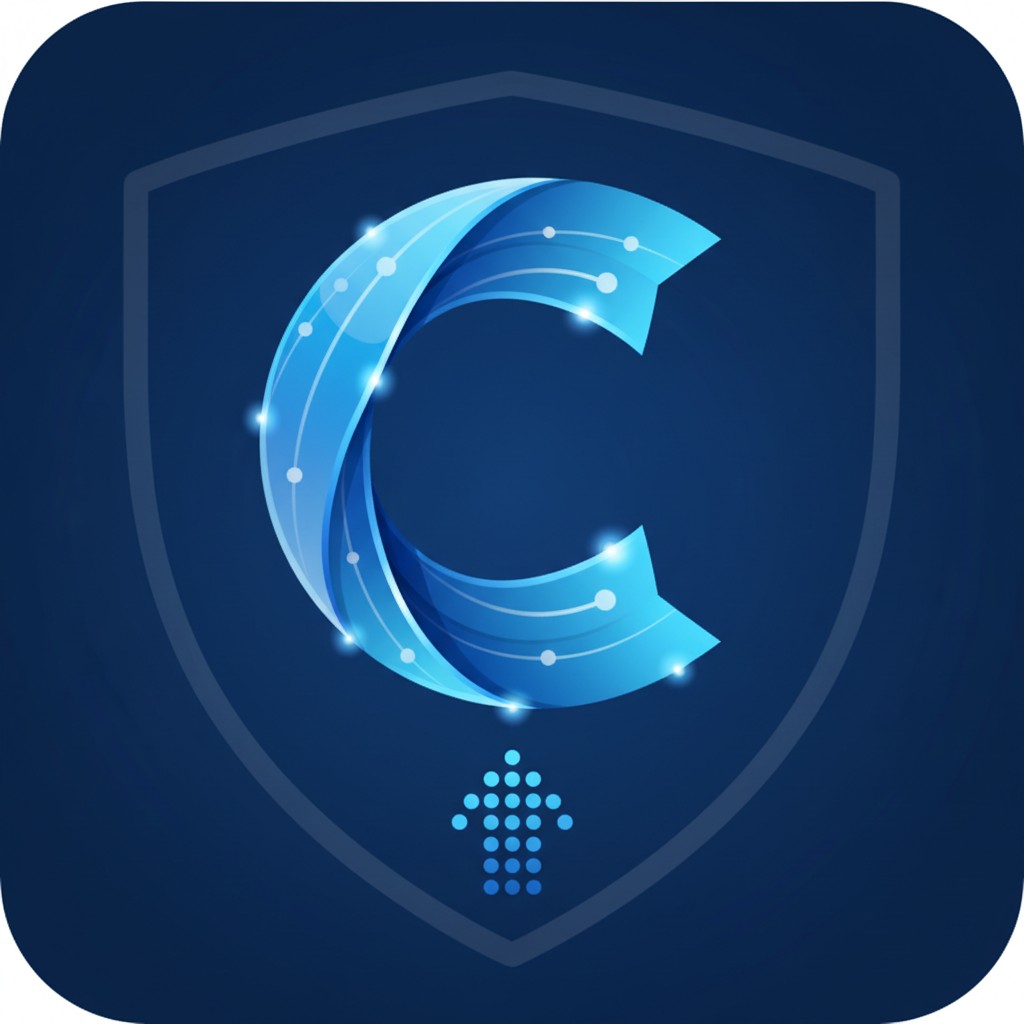 A stylized letter C hangs from a shield of gray with light-blue dots and lines surrounding its contours. The letter C is p...
