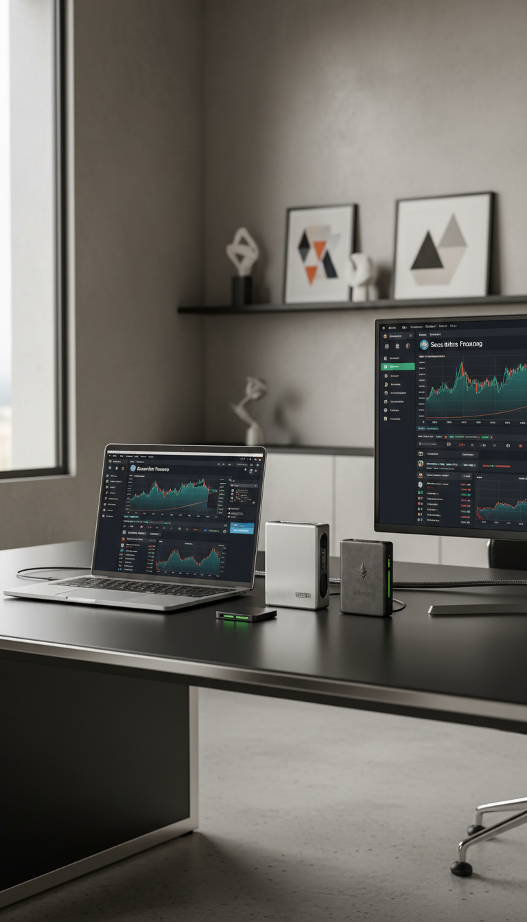A sophisticated array of high-end cryptocurrency trading hardware and tech gear arranged neatly on a sleek, matte-black desk with subtle metallic accents. The assortment includes a cold storage wallet with brushed aluminum casing, a precision-machined hardware ledger, and a slim ultrabook laptop open to a crisp, graph-intensive dashboard. The setting is an organized office workspace with clean lines and a neutral color scheme, accented by minimalist decor and polished surfaces. Soft, diffused natural light streams in from one side, casting gentle highlights and muted shadows, enhancing the modern corporate mood. Captured from a slightly elevated angle in sharp photographic realism, the composition utilizes balanced structure and a shallow depth of field to emphasize luxury and technological expertise—reinforcing the site’s professional, high-value focus.